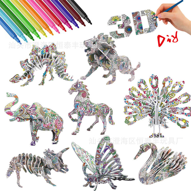 

New children's paper Animal Dinosaur 3D Puzzle graffiti DIY toys