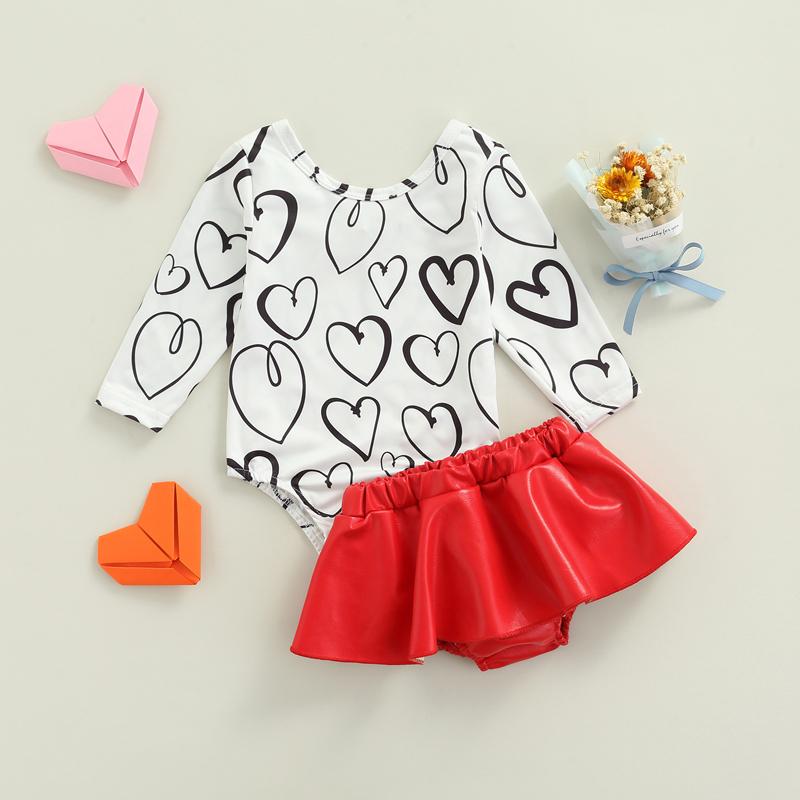 

Clothing Sets Born Baby Girl Valentine's Day Outfits Heart Print Crewneck Long Sleeve Romper Red Leather Skirt Baby's 0-18 Months, White