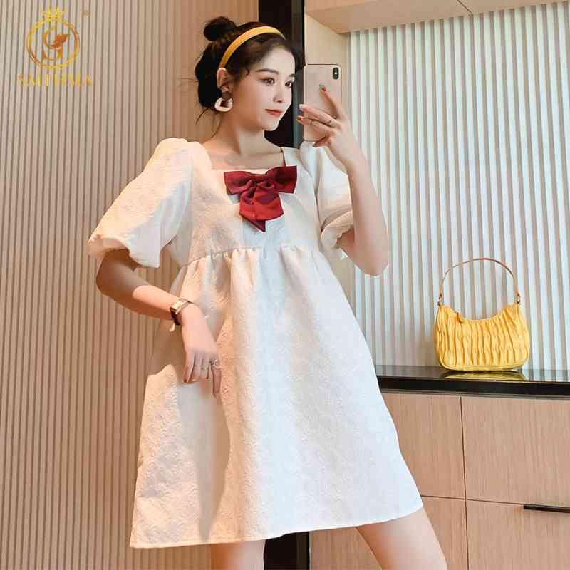 

Women Jacquard Summer Dress Fashion White Elegant Puff Sleeve Party Casual Loose Bow Mini Vestidos 210520, Photo color