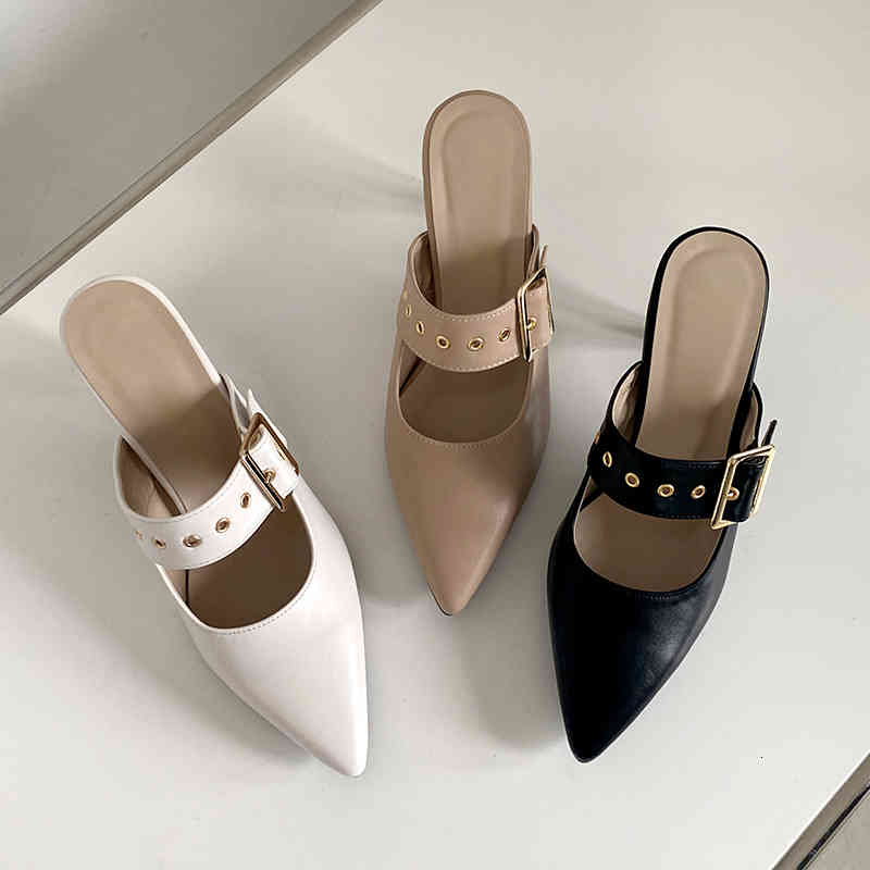 

slippers baotou half women's fashion all-match belt buckle pointed high heel retro mule shoes thin heeled yhq7, Black