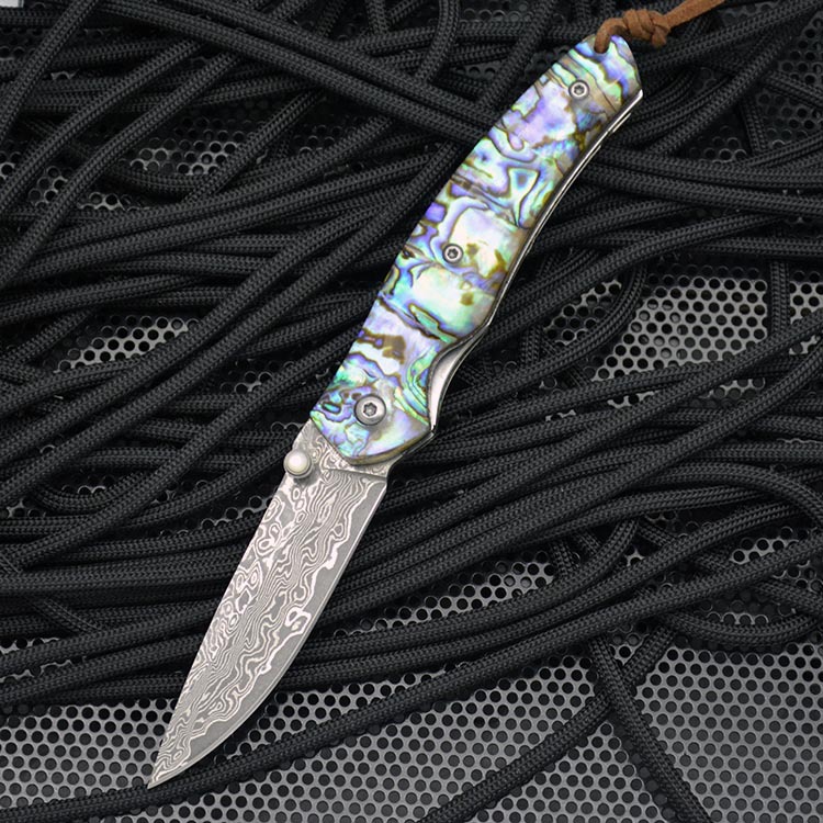 

high quality damascus blade linerlock wood abalone handle pocket knife