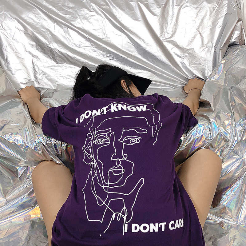 

Summer I don't care about the letter cotton Korea hip hop print female loose large size couple fashion short sleeve t-shirt tops 210608, Purple