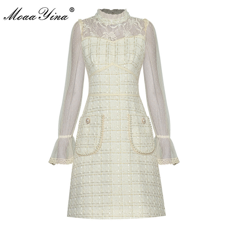 

Fashion Designer dress Autumn Women's Dress Mesh Flare Sleeve Beading Sequined Patchwork Plaid Woolen cloth Dresses 210524, Black