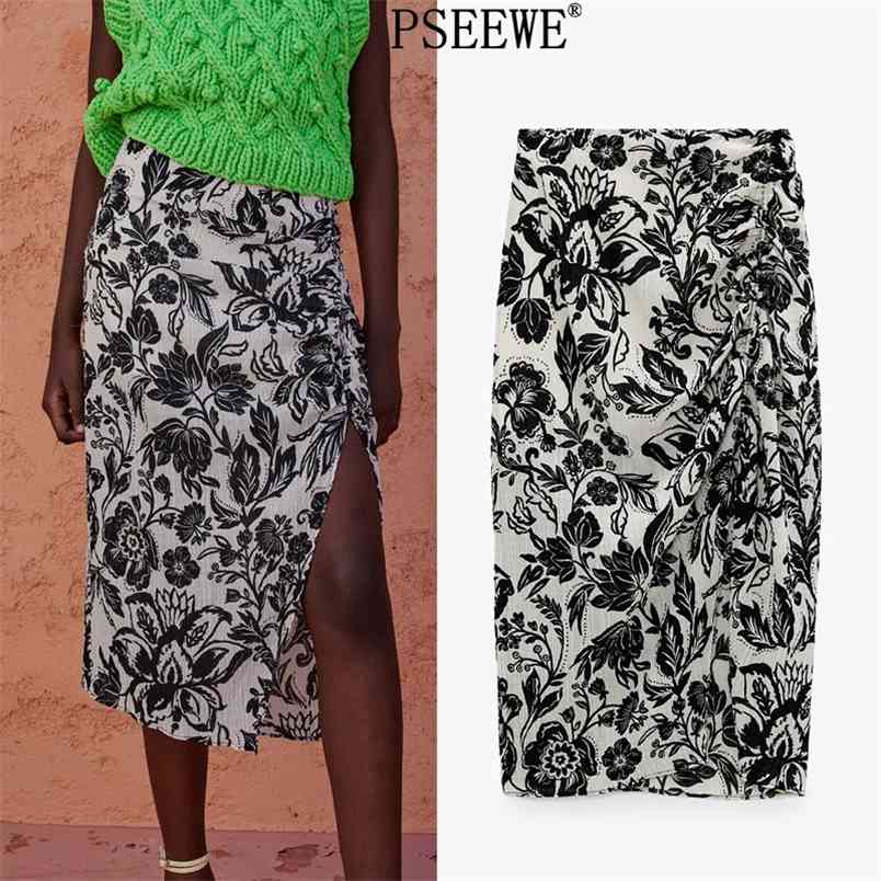 

Printed Long Skirts Woman Vintage Draped High Waist Midi Summer Skirt With Side Slit Elegant Ruched Female 210519, Print