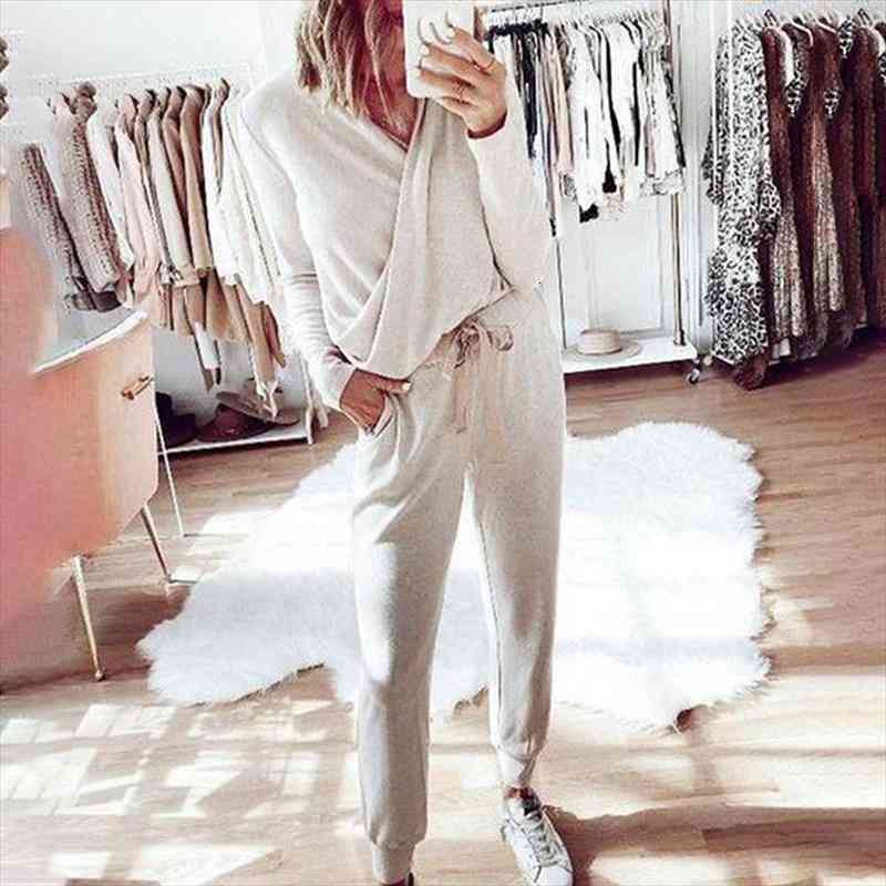 

autumn long sleeve t-shirts womens tracksuit set crossed drawstring long pants female suits casual lady suit pieces set, White