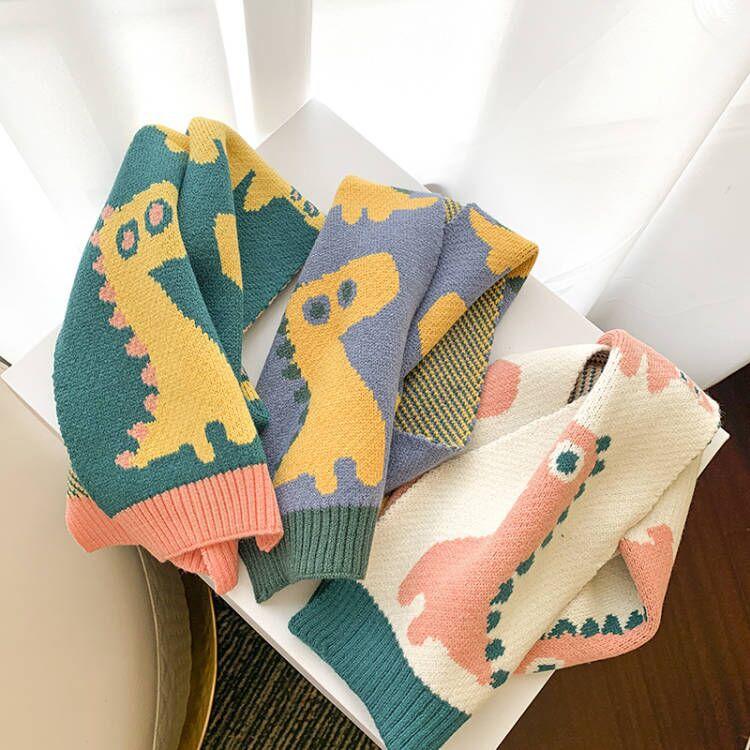 

Scarves 2021 South Korea Children's Scarf Cartoon Fashion Cute Dinosaur Wool Autumn And Winter Warm Knitted Keep