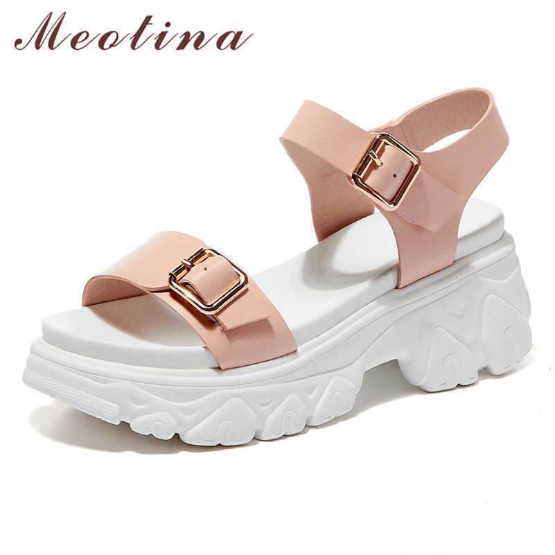 

Meotina Sandals Women Genuine Leather Platform Wedge Heels Shoes Female Buckle High Heel Lady Footwear Summer Sandals Beige Pink 210608