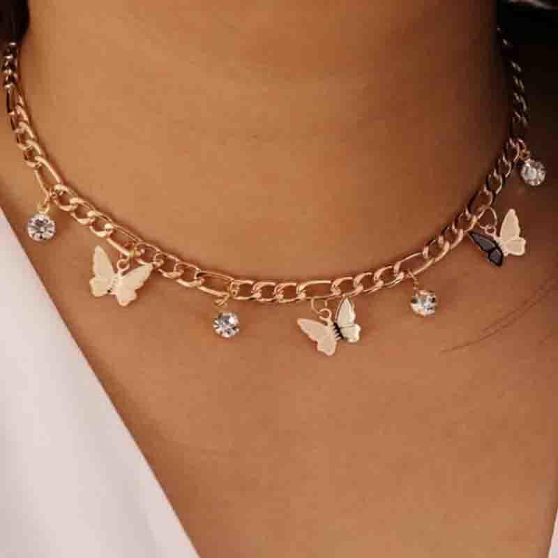 

Chains Trendy Luxury European Butterfly Pendant Necklace For Women Rhinestone Chain Simple Necklaces Female Choker Jewelry, Silver