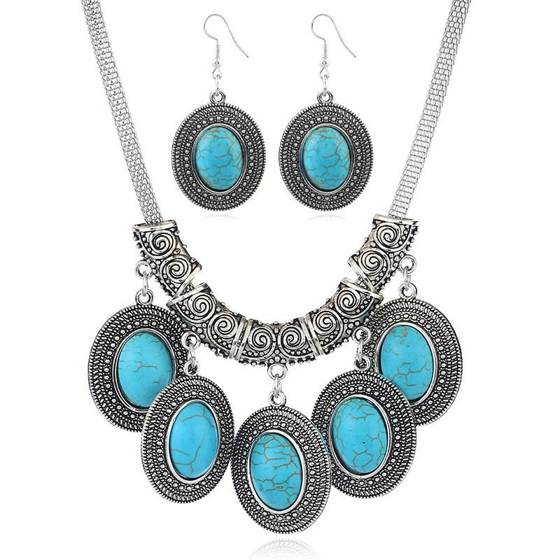 

Earrings & Necklace ADOLPH Bohemia Turquoise Choker With Drop Earring Vintage Wedding Jewelry Set Statement Accessories Bijoux AHT35, Silver