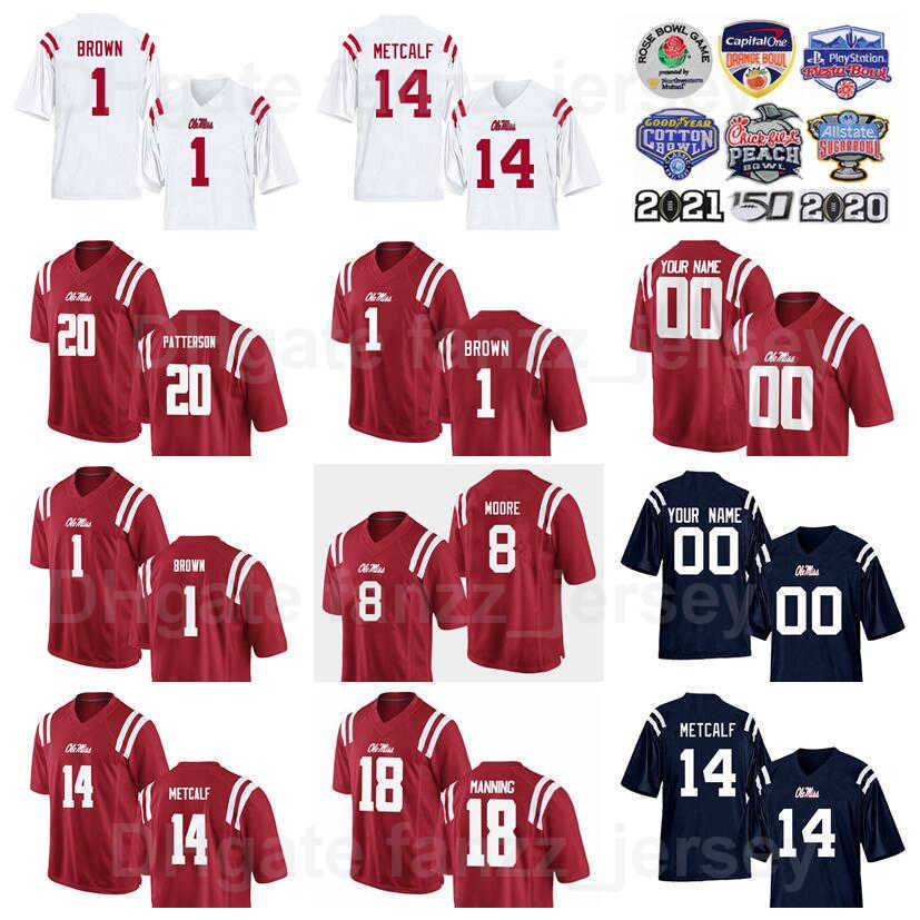 

NCAA Football College 22 Deuce McAllister Jersey Men Ole Miss Rebels 14 DK Metcalf 1 AJ Brown 8 Elijah Moore 18 Achie Manning 20 Shea Patterson Stitched University, Red