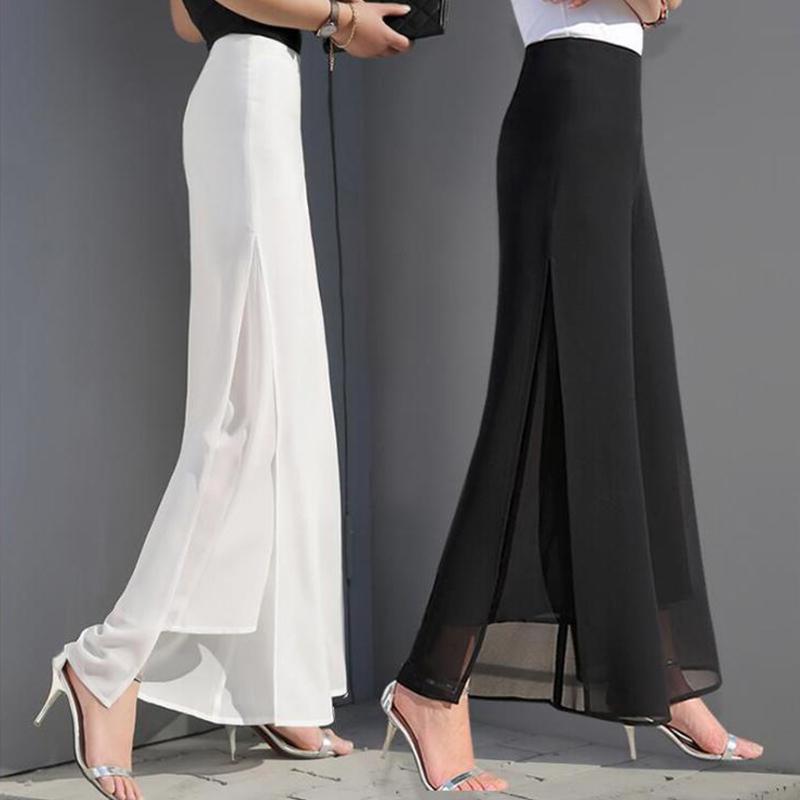 

Women' Pants & Capris 2021 Women Ladies Vintage Loose High Waist Long Trousers Chiffon Side Split Casual Palazzo Wide Leg Pantalones, Beige