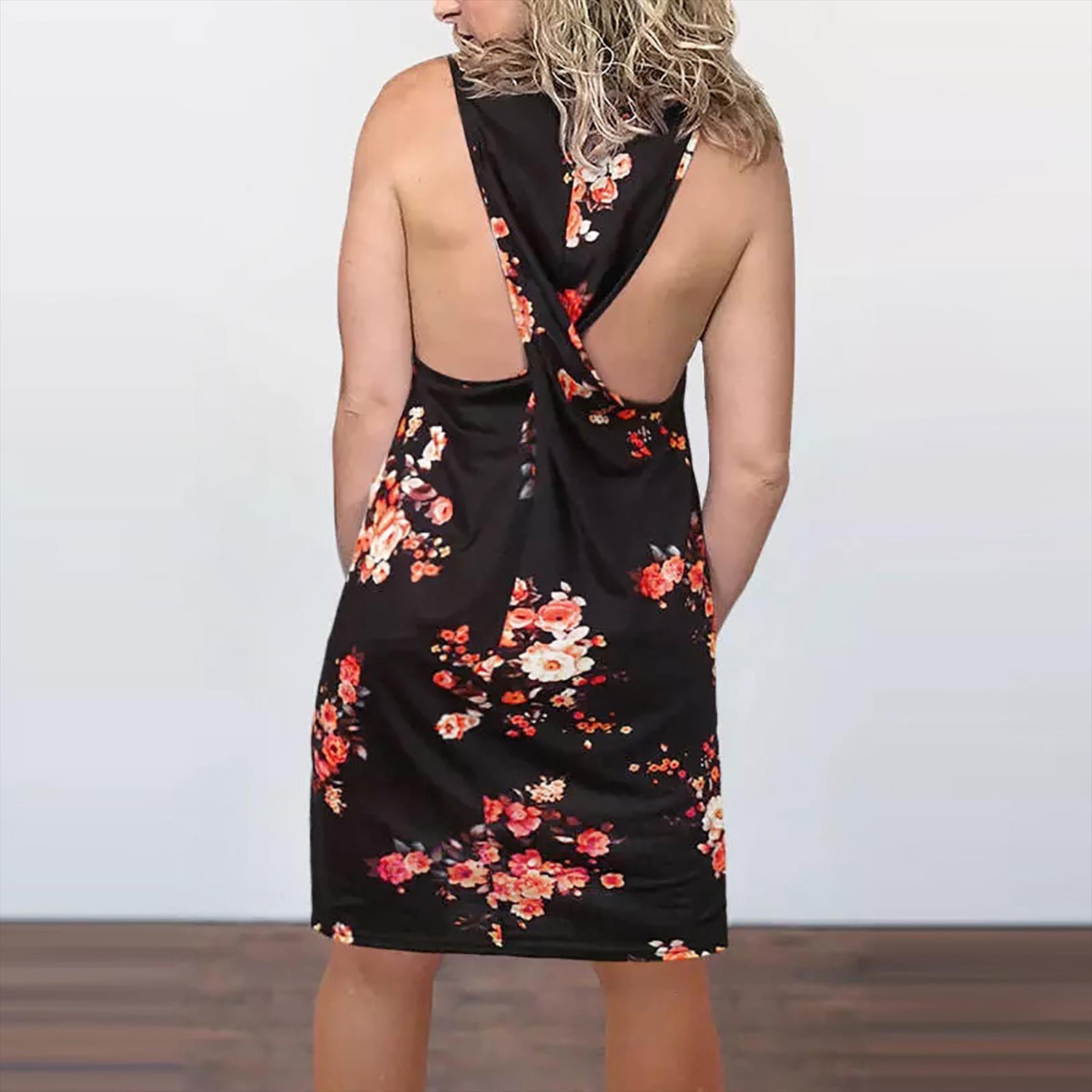 

summer sundress halter trend women dresses back knotted printed vest ladies fashion, Black;gray