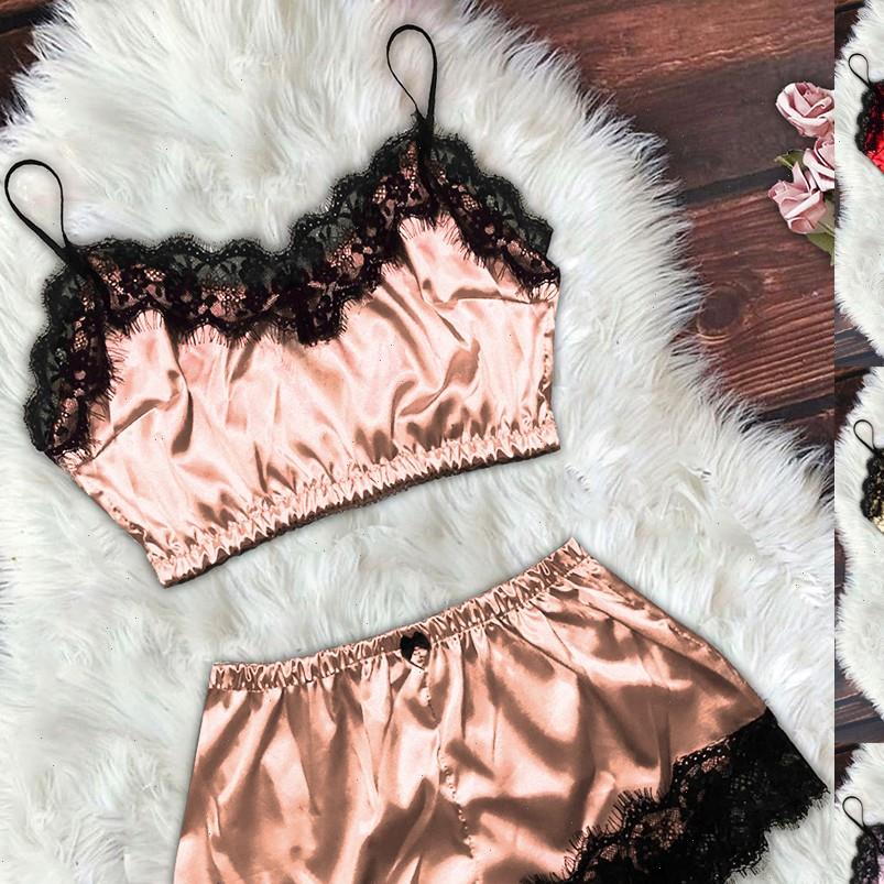 

satin lace camisole women sleepwear with bow shorts pajamas lingerie sleepwears set four season underwear s xl, Black;red