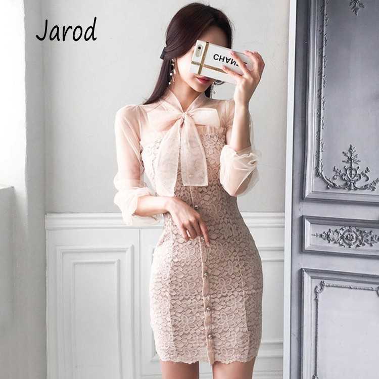 

summer Women Office Lace patchwork Dress Single-breasted Bow tie Crochet Casual long Sleeve women Clothing 210526, Picture color