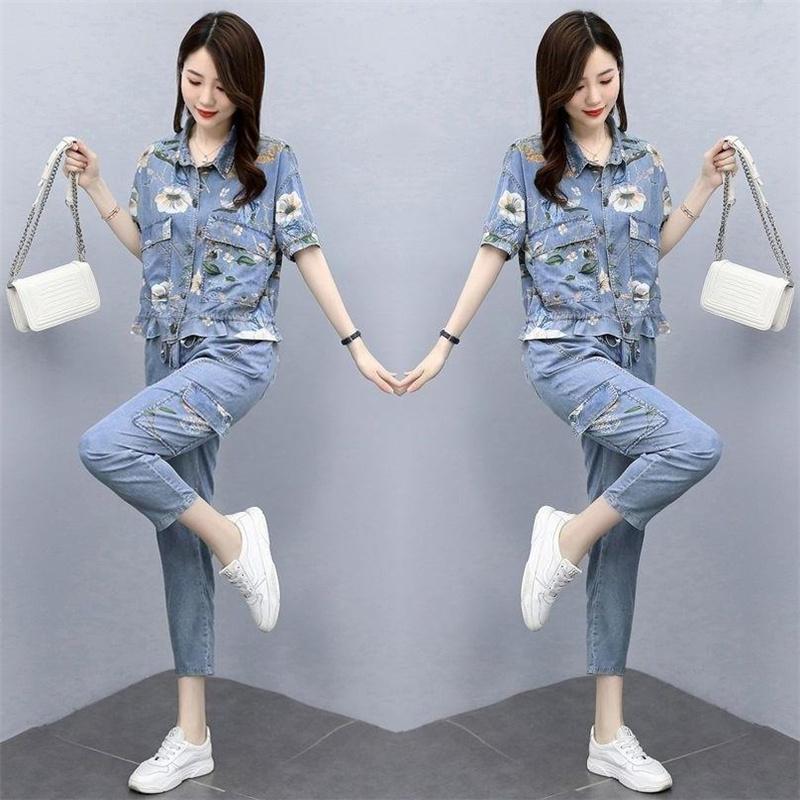 

Women's Two Piece Pants Casual Suit 2021 Summer Cowboy Female Short Sleeve Top And Denim Two-Piece Plus Size 2 Set, Blue