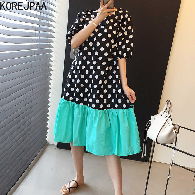 

Korejpaa Women Dress Summer Korean Western Style Age-Reducing Round Neck Polka Dot Contrast Stitching Puff Sleeve Vestidos 210526, White