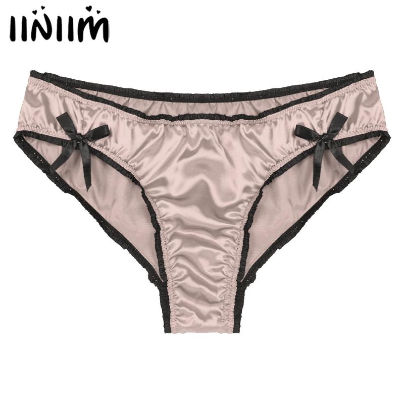 

Underpants Men's Solid Color Panties Frilly Low Waist Satin Briefs Sissy Male Gay Underwear Nightwear Bowknot Sexy Lingerie, Black