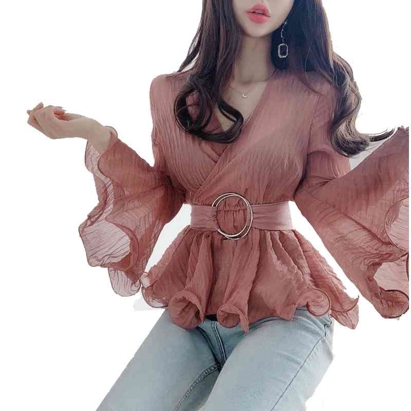 

Women Office Lady Chiffon Blouse Spring Autumn Solid V-Neck Flare Sleeve Sashes Slim Chic Wild Female Fashion Shirts 210601, Black