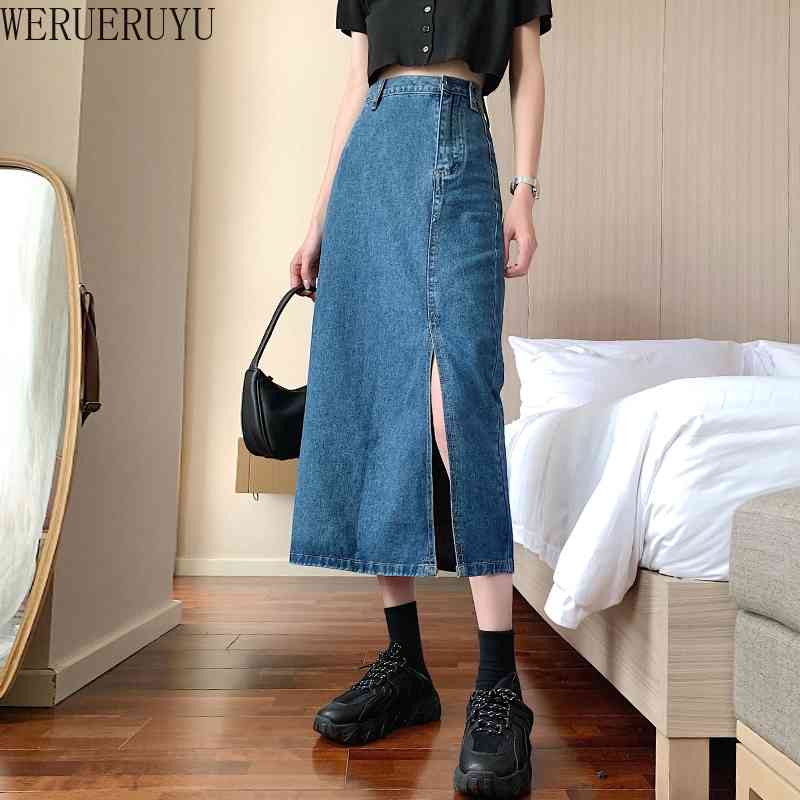 

WERUERUYU European And American Fashion Vintage Distressed Denim Ladies Skirt Wash Water Blue High Waist Temperament Denim Skirt 210608, Photo color