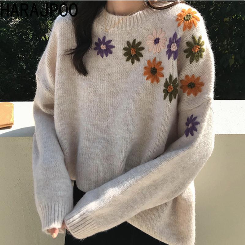 

Women's Sweaters Harajpoo Pullover Female Embroidered O Neck Knitwear Sweater Women Loose Vintage Wearing Clothing Top 2021 Autumn Lazy Oaf, White;black