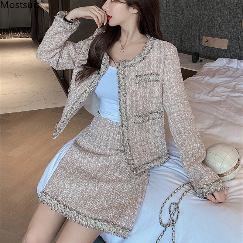

Autumn Elegant Runway Tweed 2 Piece Set Women Vintage Long Sleeve Beading Coat + Mini Skirt Suit Outfits Korean 210518, Blue