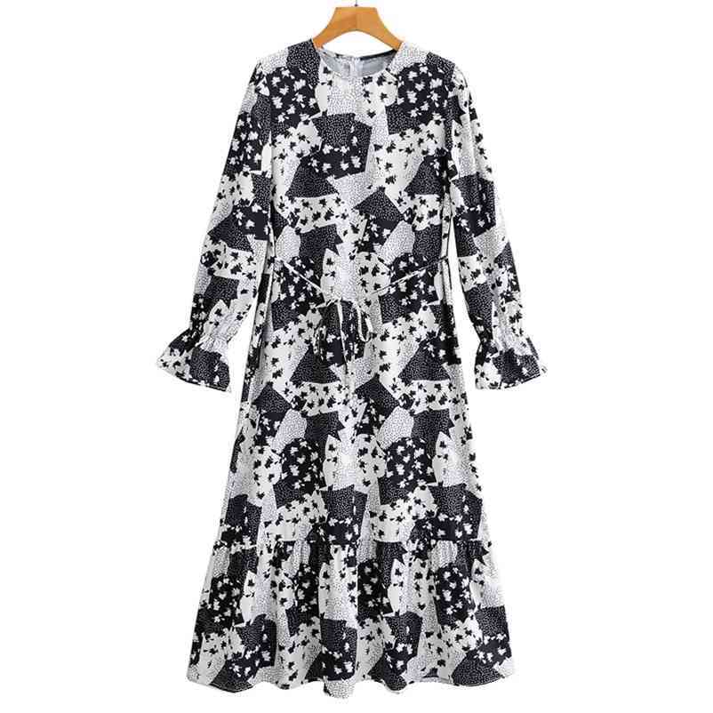 

Summer Women Long Dress Section Ladies' O-neck Sleeve Mono Print Dresses Female Streetwear 210524, Black