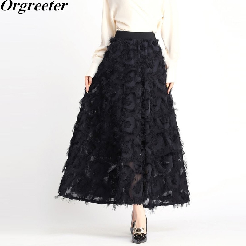 

Women's Feather tassel Ankle-length Skirt Summer High waist Back Zipper Slim A-line Long Big Swing 210525, Red