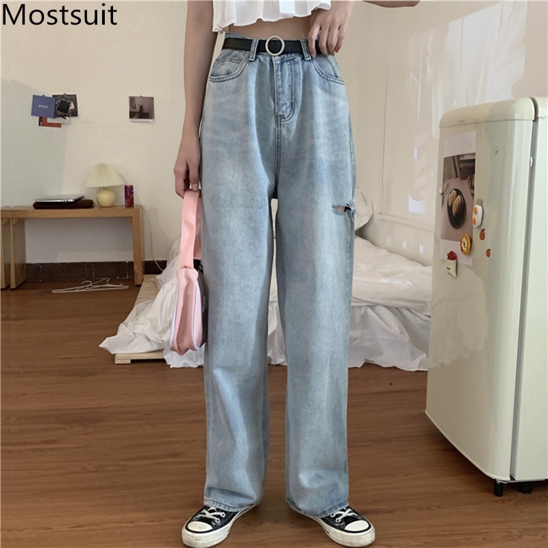 

Korean Casual Ripped Wide-legged Women Denim Jeans Pants High Waist Zipper-fly Full Length Loose Fashion Female Trousers 210518, Blue