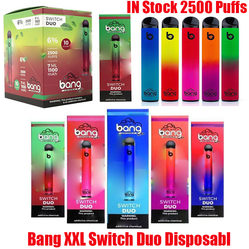 

Bang XXL Switch Duo Disposable Device Kit E-cigarettes 2 In 1 2500 Puffs 1100mAh Battery 7ml Prefilled Cartridge Pods Vape Stick Pen Vs PRO