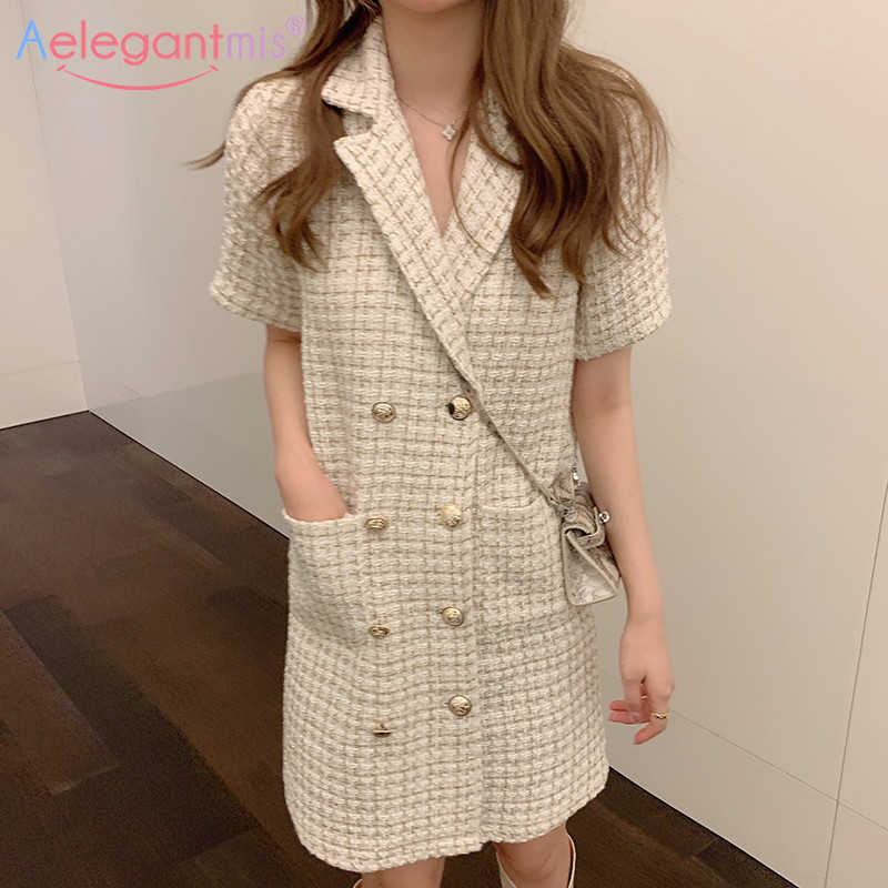 

Aelegantmis Vintage Double Breasted Blazer Dress Women Autumn Notched Collar Plaid Office Short Ladies Mini Vestidos Black 210607