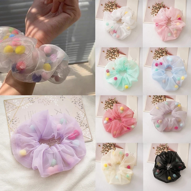 

Mesh Scrunchies Hair Rope Tie Rings Colorful Balls Organza Ball Net Yarn Transparent Hair Accessories Rubber Elastic Hair Band