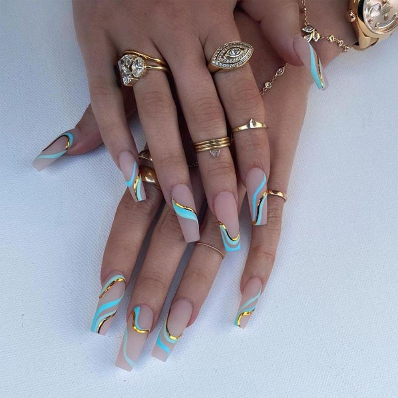 

False Nails Gold Foil Blue Line Designs Nude Pink Fake Tips Long Coffin Ballerina Femme Wearable Full Cover Faux Ongles, Red;gold