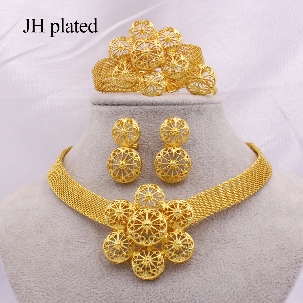 

Gold color Jewelry sets for women African bridal wedding gifts party Necklace Bracelet earrings ring set Saudi Arabia jewelleryg