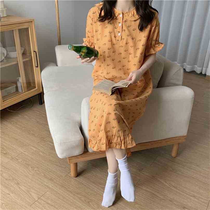 

Summer Printed Short Sleeves Cotton Cute Homerwear Loose Nightdress Pajamas Romance Florals Sweet Gentle Dress 210525, White