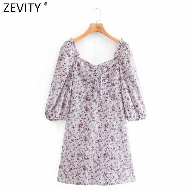 

ZEVITY Women elegant lace up square collar flower print casual slim Dress female back elastic Vestido Chic pleats Dresses DS4381 210603, As pic ds4381ld