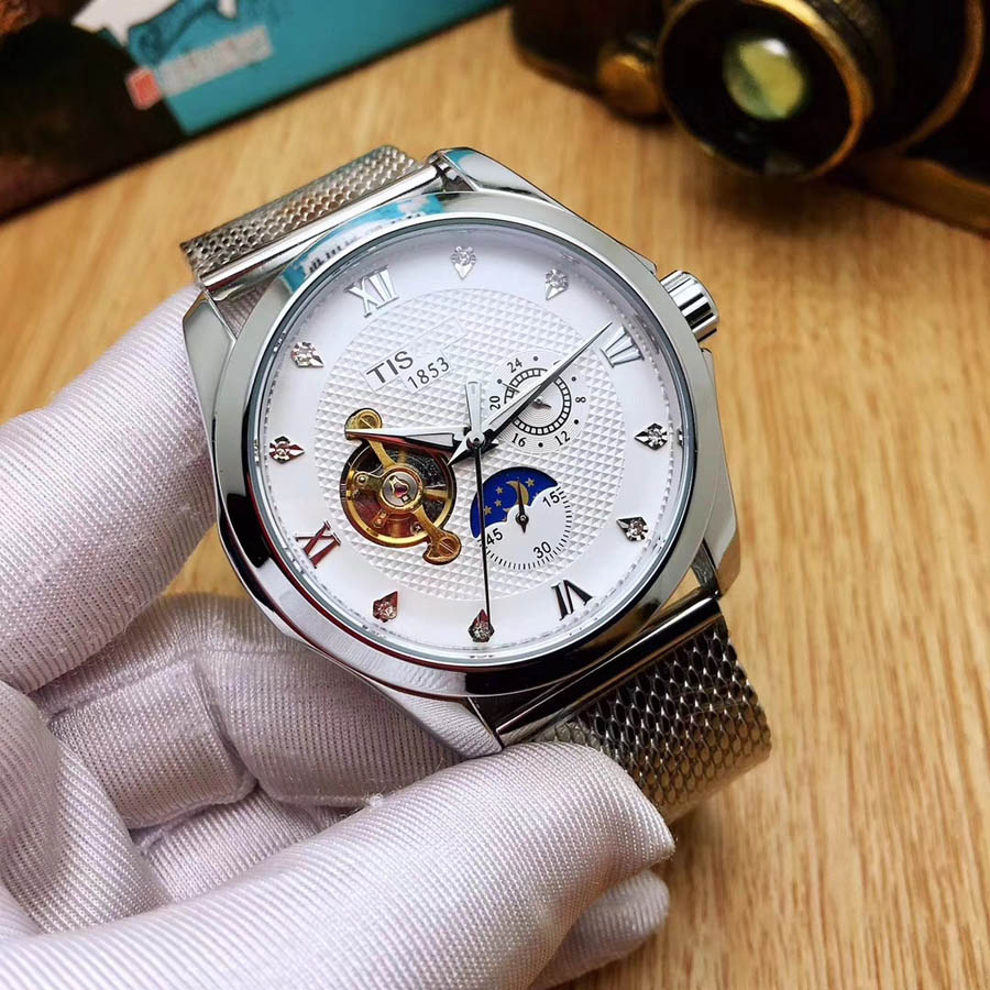 

Brand Watch Men TISS 1853 Automatic mechanical Multifunction style stainless steel band wrist Watches Small dials can work TT08, Slivery;brown