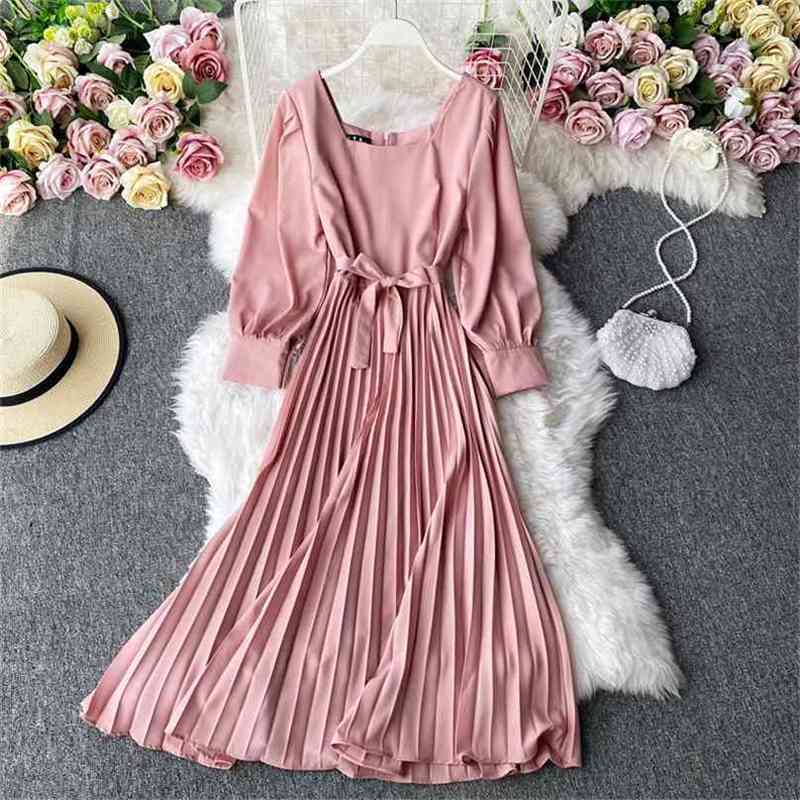 

Elegant Maxi Dress for Woman Square Collar Lace-up High Waist Vestido Clothing Pink Khaki Vintage Pleated Dresses 210603, Clear