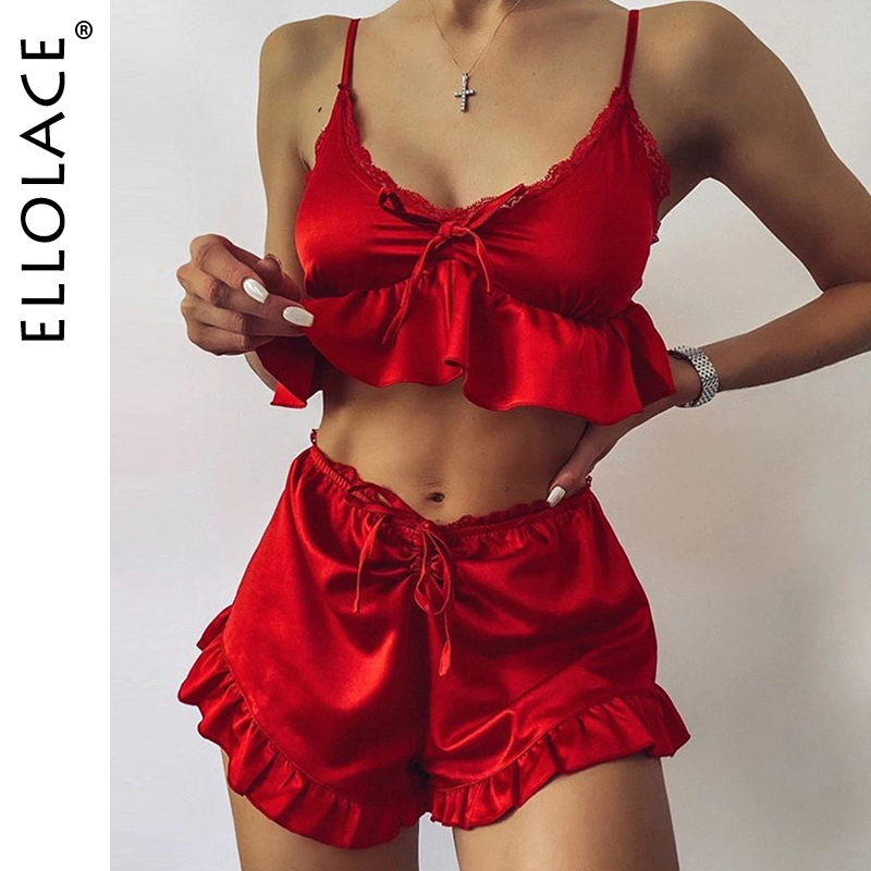 

2021ruffle womens pajamas home suit for women silk imitation pajamas for women home wear new years pajamas sleepwear set, Black;white