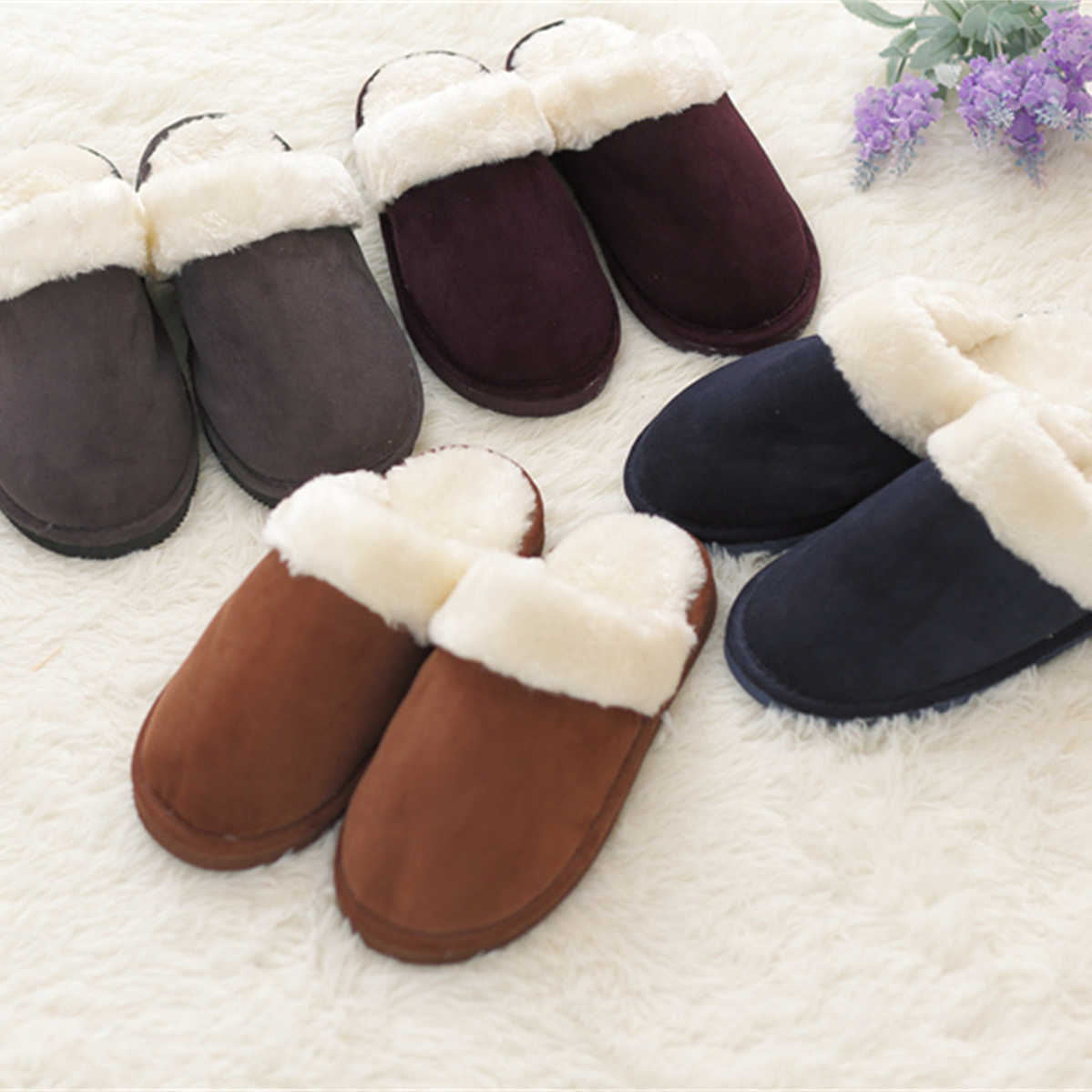 

Size -40 Corduroy Solid Color Spring and Autumn Plush Home Indoor Anti Slip Silent Women's Men's Slippers H0827, Brown