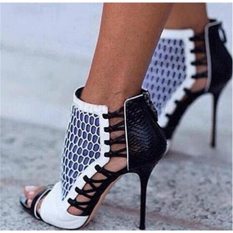 

boots mixed colors male leather women of the open foot ankle lace up side ladies high heeled with zipper back mode dressed in kxaz, Black