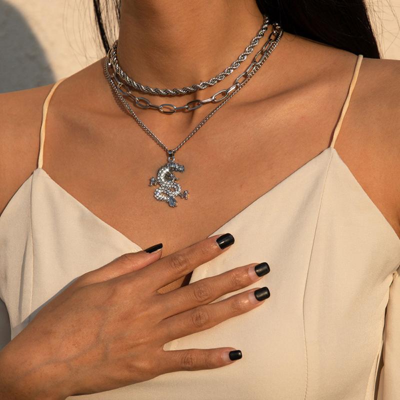 Pendant Necklaces Vintage Gold Silver Color Metal Collar Multilevel Necklace For Women Female Fashion Rope Chain Crystal Dragon Jewelry-image-699056789
