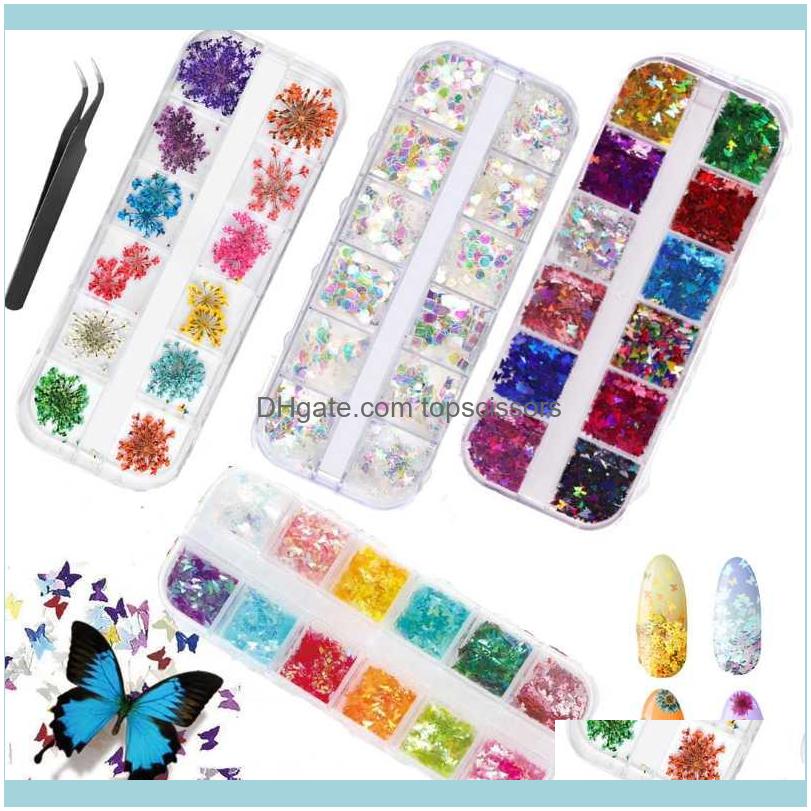 

Nail Salon Health Beautynail Art Decorations 4Boxes Dried Flowers Butterfly Glitter Stickers Sequins Flakes Supplies Gift Decoration Aessori
