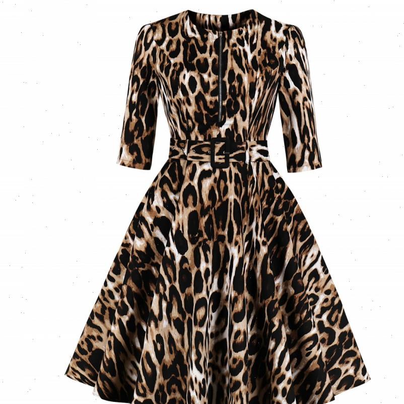 

leopard print casual spring womens dresses autumn vintage style elegant frilled a line hem midi tunic swing vestido, Black;gray