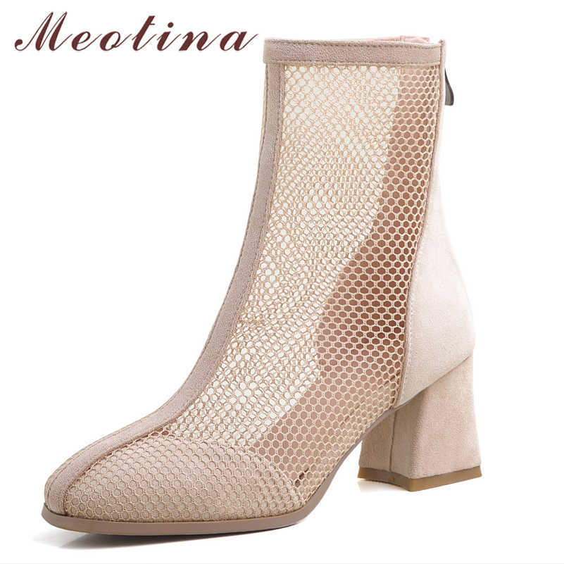 

Meotina Mid-Calf Boots Women Round Toe Cutouts High Heel Shoes Female Zipper Thick Heels Boots Lady Summer Black Beige Size 43 210608