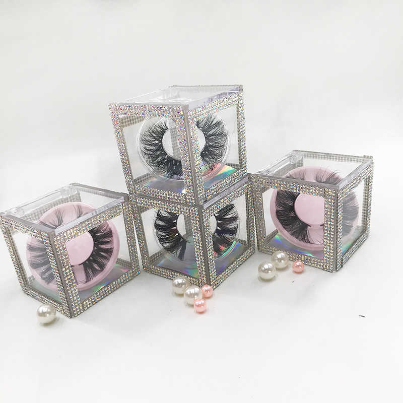 

New Design Lash Boxes Glitter Rhinestone Cube Box Handmade Mink Strip Lashes Dramatic Fluffy 25mm 3D Mink Eyelashes