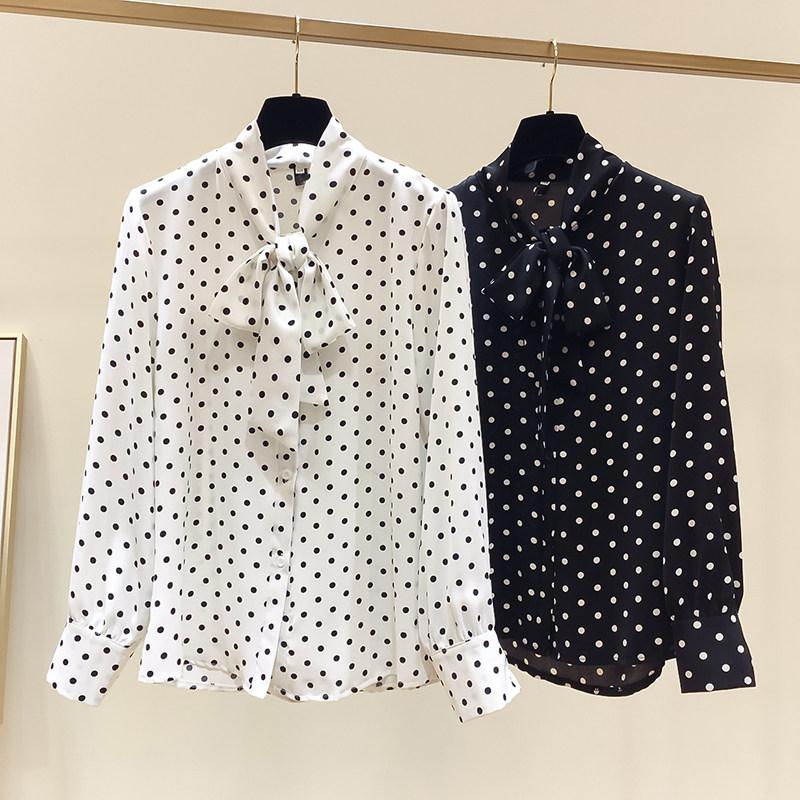 

Women's Blouses & Shirts Spring Elegant Chiffon Dot Bow Work Shirt OL Lady Long Sleeve Casual Basic Blouse Top Blusa, Black