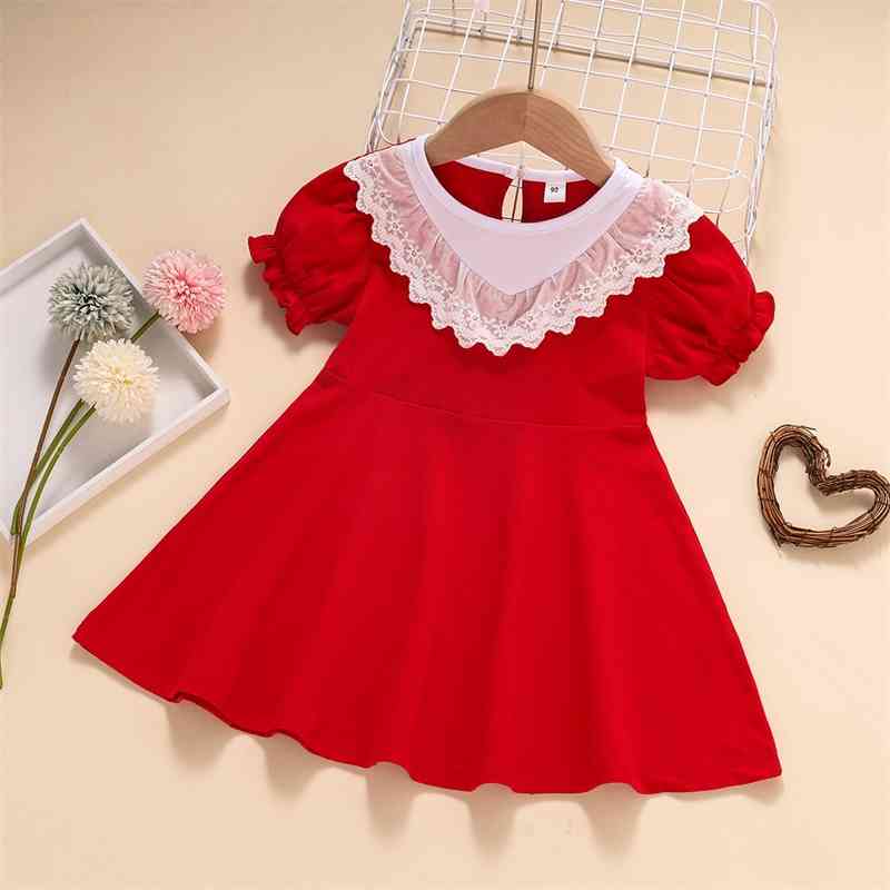 

2021 new summer girls' bubble sleeve Lace Princess Christmas Dress, Red