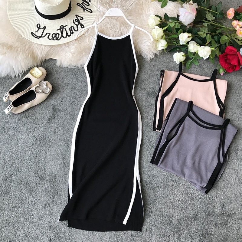 

Gaganight Casual Bodycon Patchwork Color Women Maxi Party Dress Sleeveless Sexy Knitted Dresses Female Summer Chic Fashion 210519, Pink