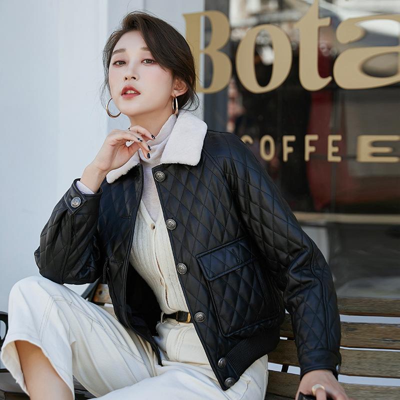 

Women's Leather & Faux Autumn Winter Women Genuine Jackets Sheepskin Coat Wool Collar Overcoat Female Short Fashion Lapel Cotton Outerwear, Black