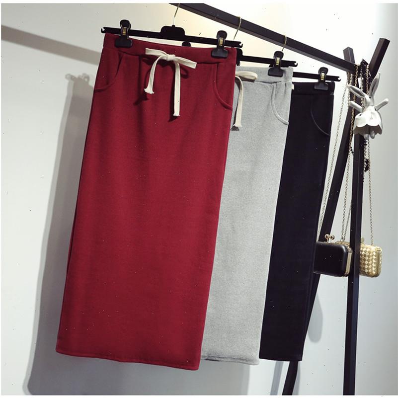 

Fashion Autumn Winter Knit Women Skirt Tie Midi Bodycon Mid Calf Pencil High Waist Casual Falda Split Elegant Office, Black